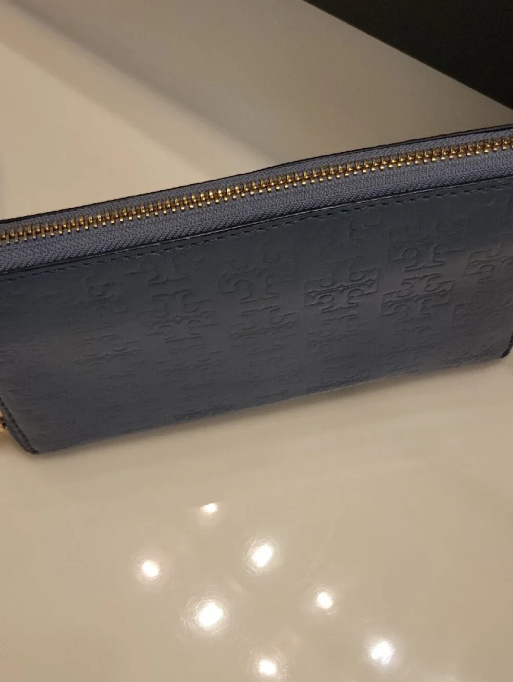 Tory Burch Periwinkle Embossed Logo Zip Wallet